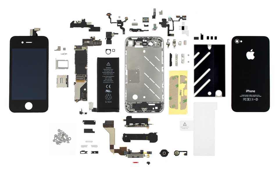 An older iPhone disassembled to show its screen, battery, connectors, and other components