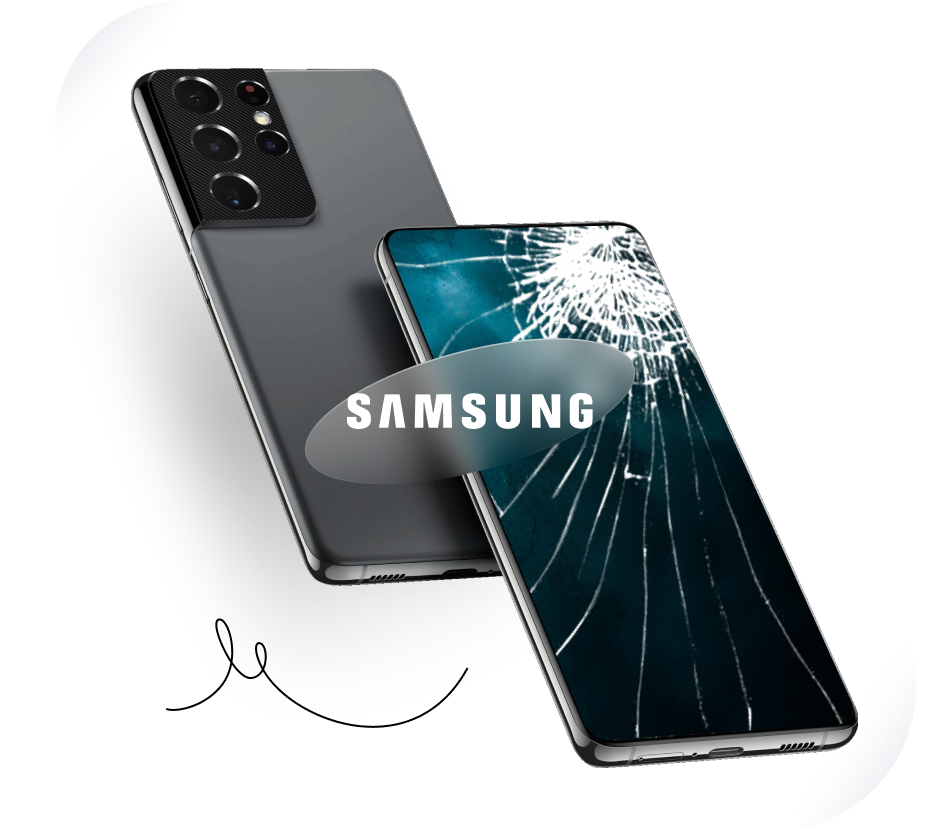 Samsung Galaxy phones, including a cracked screen
