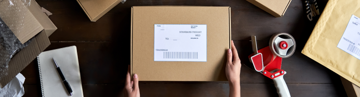 A parcel being prepared with protective packing materials