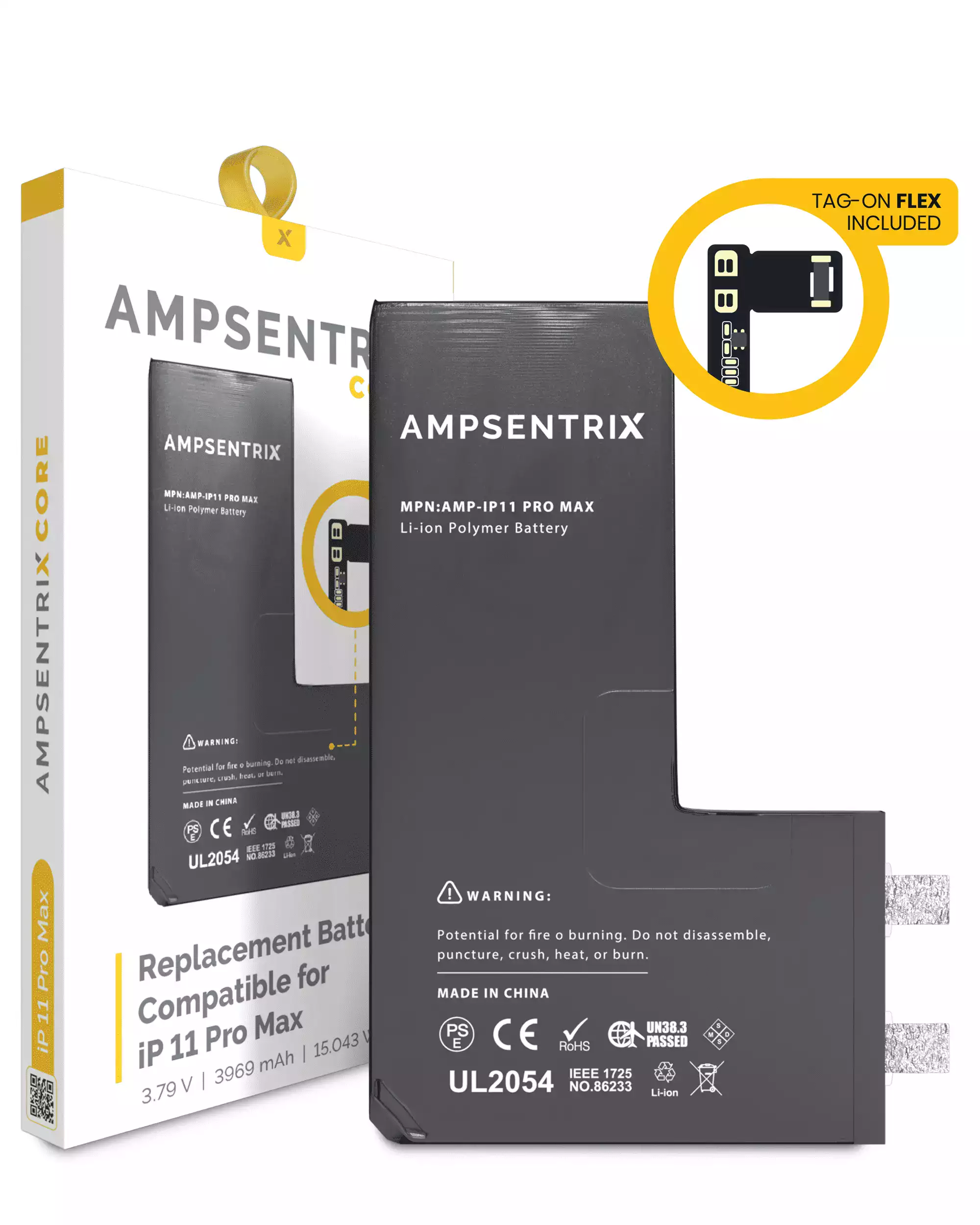Replacement Battery Core With Universal Tag-On Flex Compatible For Iphone 11 Pro Max (Spot Welding Required) (Ampsentrix Core)