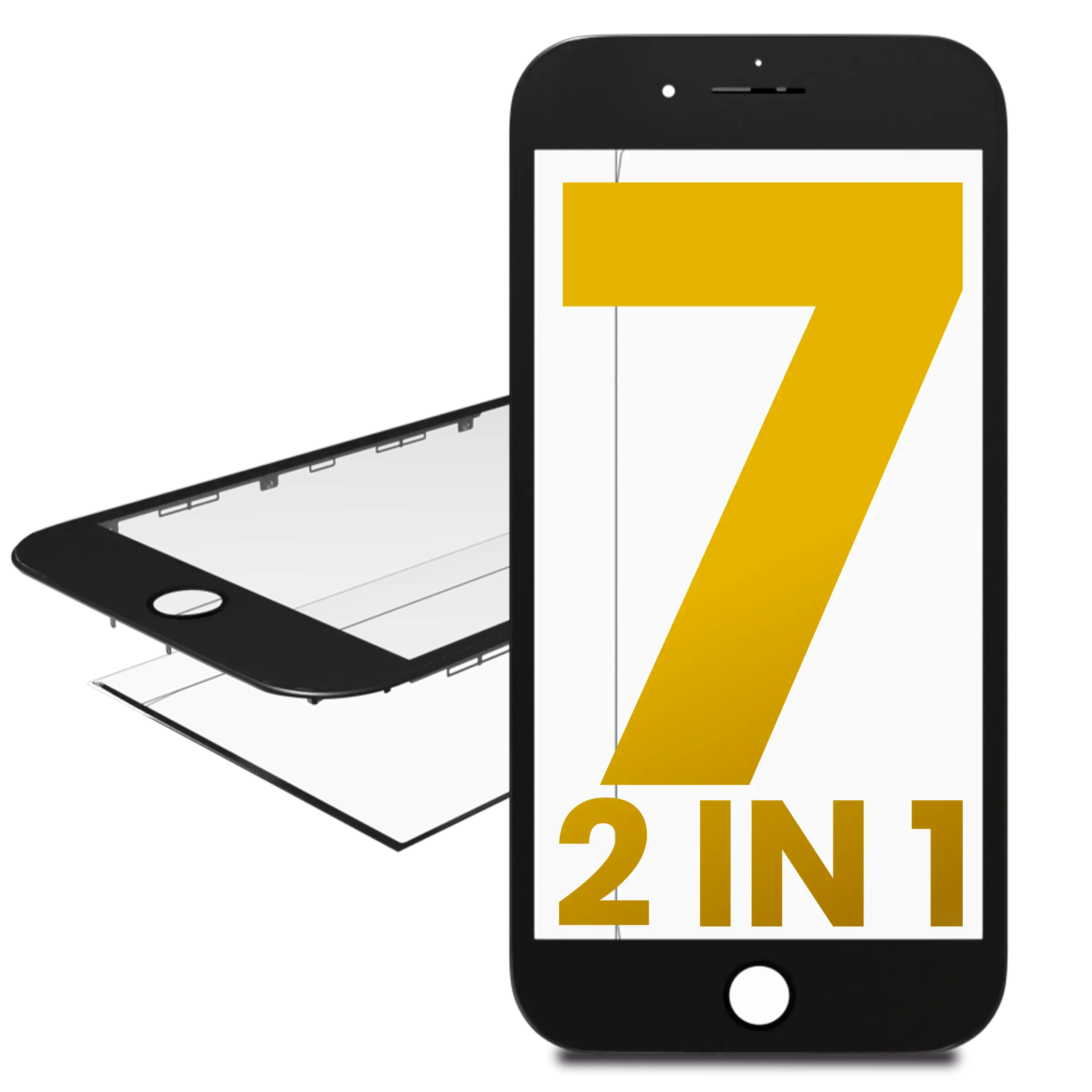 2 In 1 (Front Glass + Frame Pre-Installed) Compatible For Iphone 7 (2 Pack) (Black)