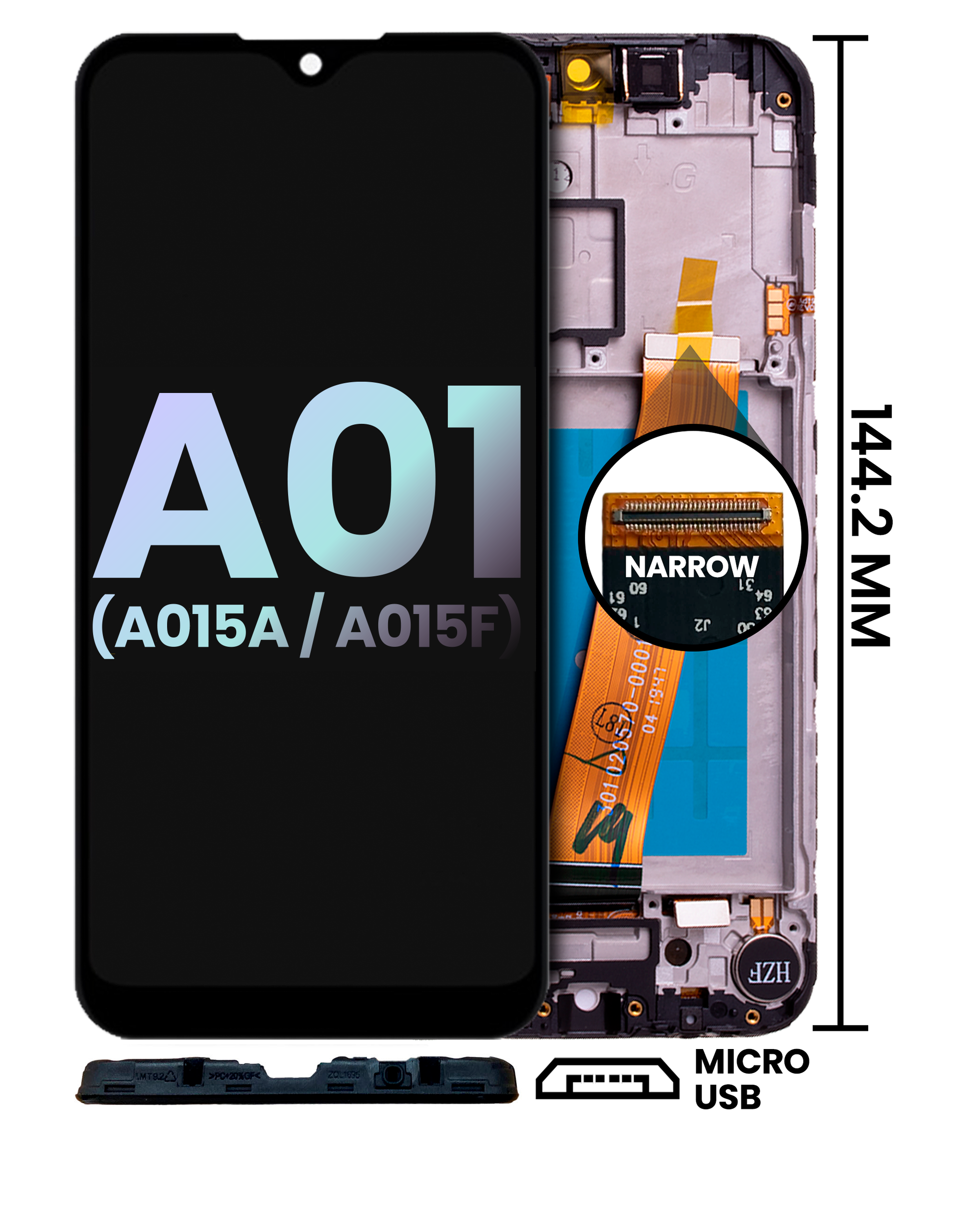 Lcd Assembly With Frame Compatible For Samsung Galaxy A01 (A015A / A015F) (Micro Usb Frame / Narrow Fpc Connector) (Service Pack) (All Colors)