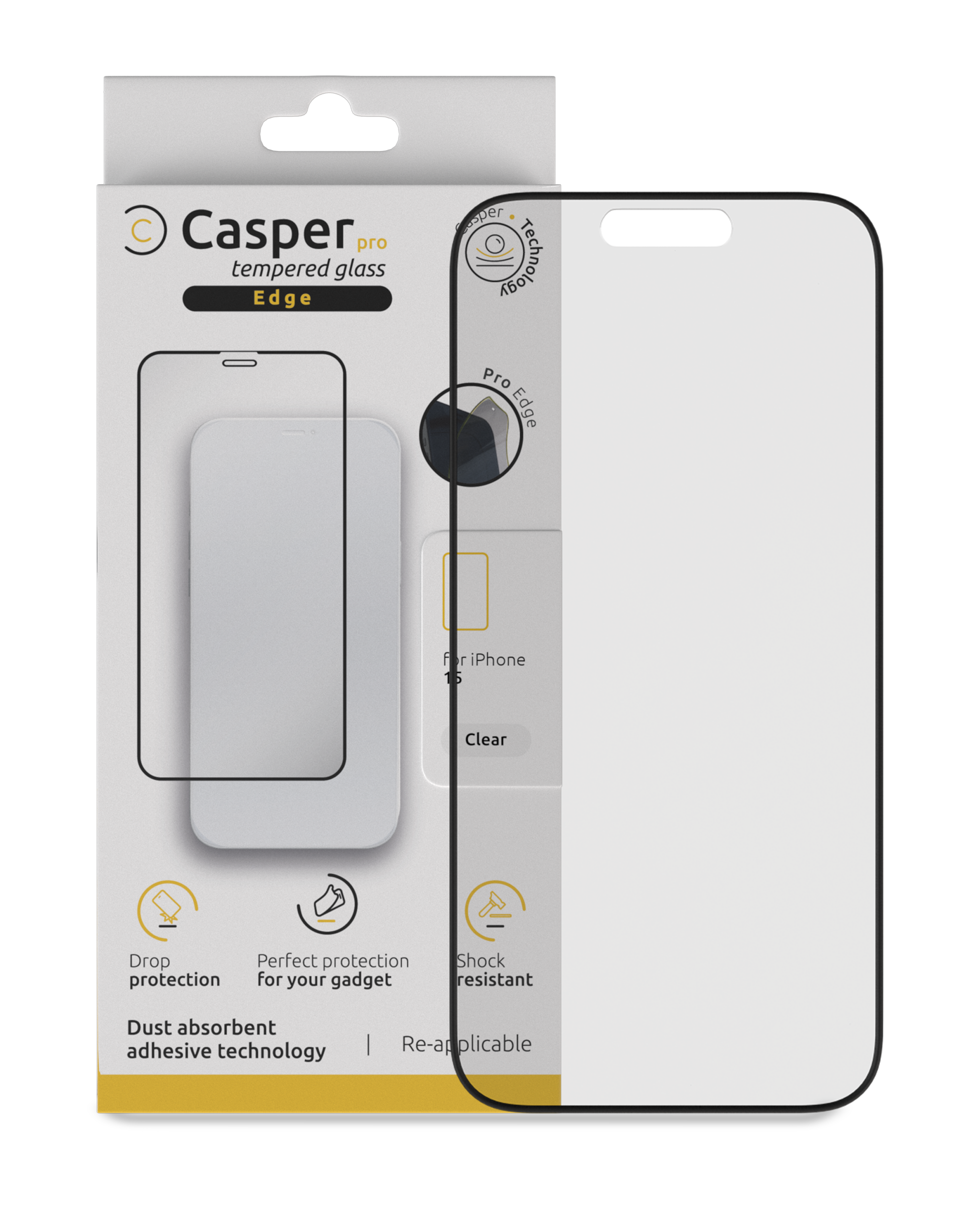 Casper Pro Edge Screen Protector Compatible For Iphone 15 / 16 (Retail Pack) (Clear)