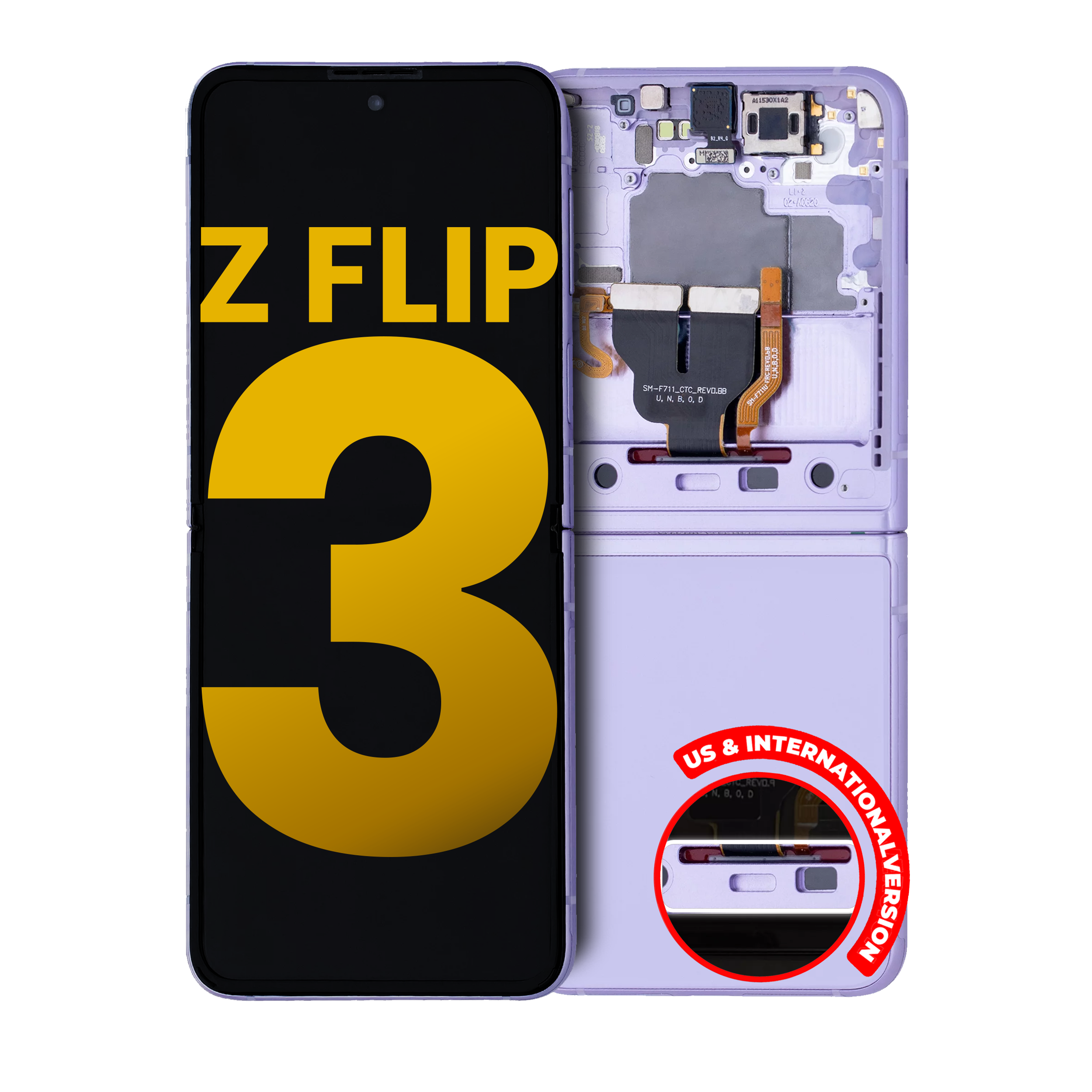 Inner Oled Assembly With Frame Compatible For Samsung Galaxy Z Flip 3 5G (Us & International) (Refurbished) (Lavender)