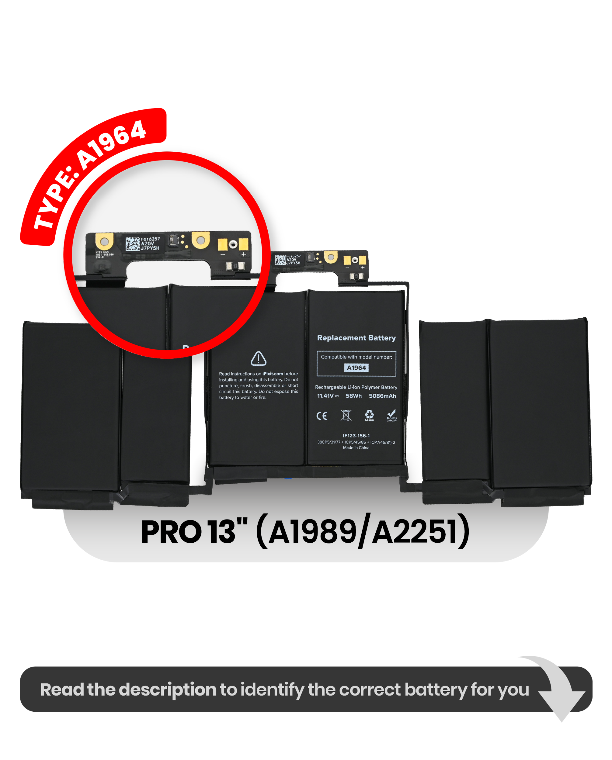 Battery (A1964) Compatible For Macbook Pro 13" (A1989 Late 2018 / Early 2019) (A2251: Mid 2020)