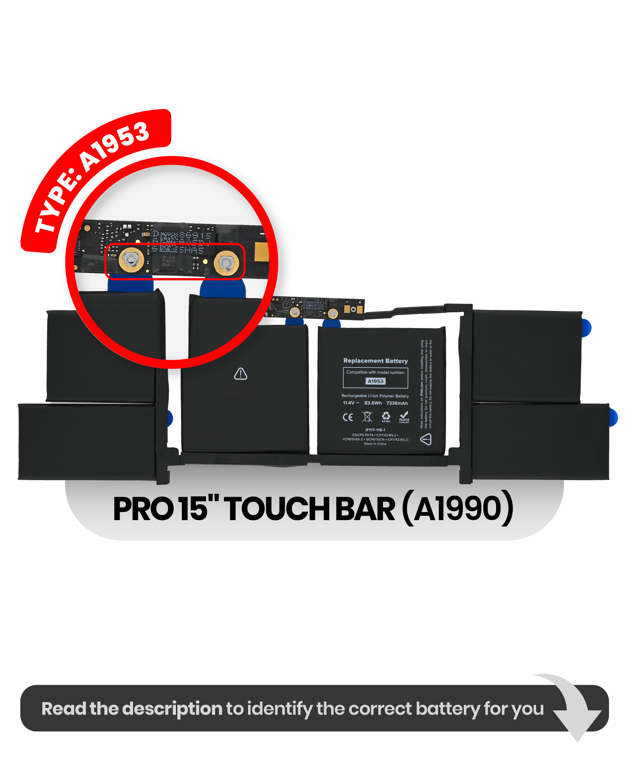 Battery (A1953) Compatible For Macbook Pro 15" Touch Bar (A1990 Late 2018 / Early 2019)