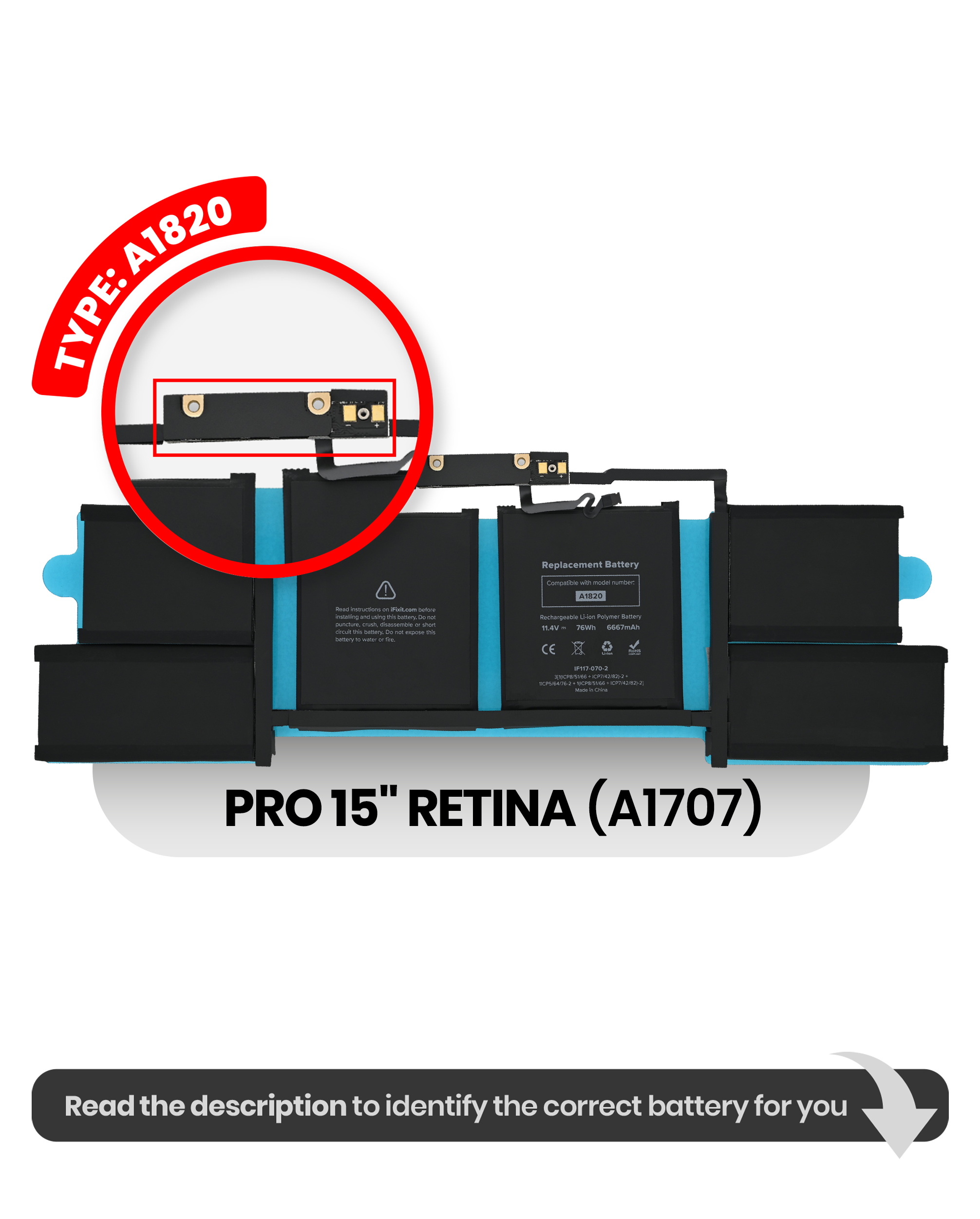 Battery (A1820) Compatible For Macbook Pro 15" Retina (A1707 Late 2016 / Mid 2017)
