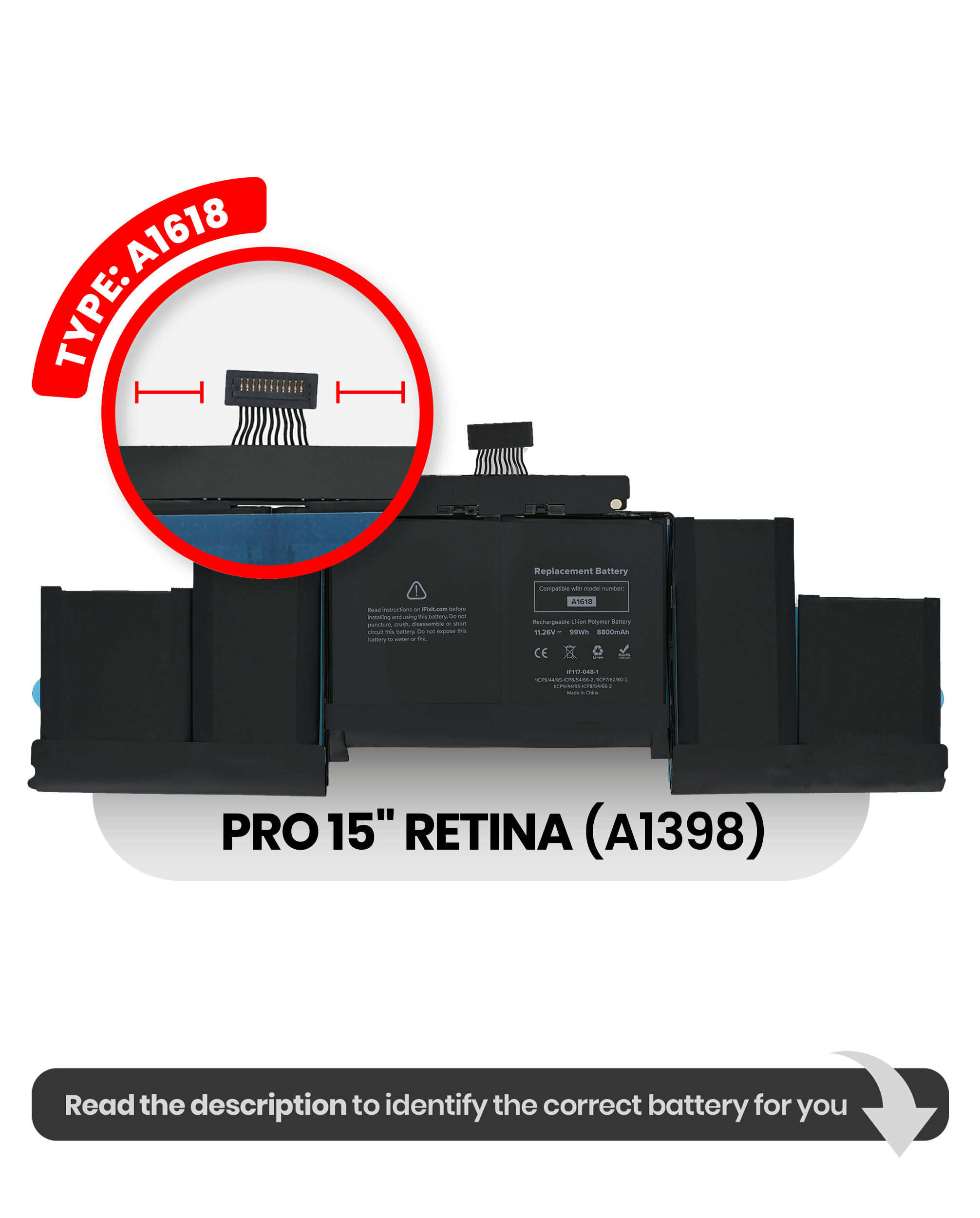 Battery (A1618) Compatible For Macbook Pro 15" Retina (A1398 / Mid 2015)