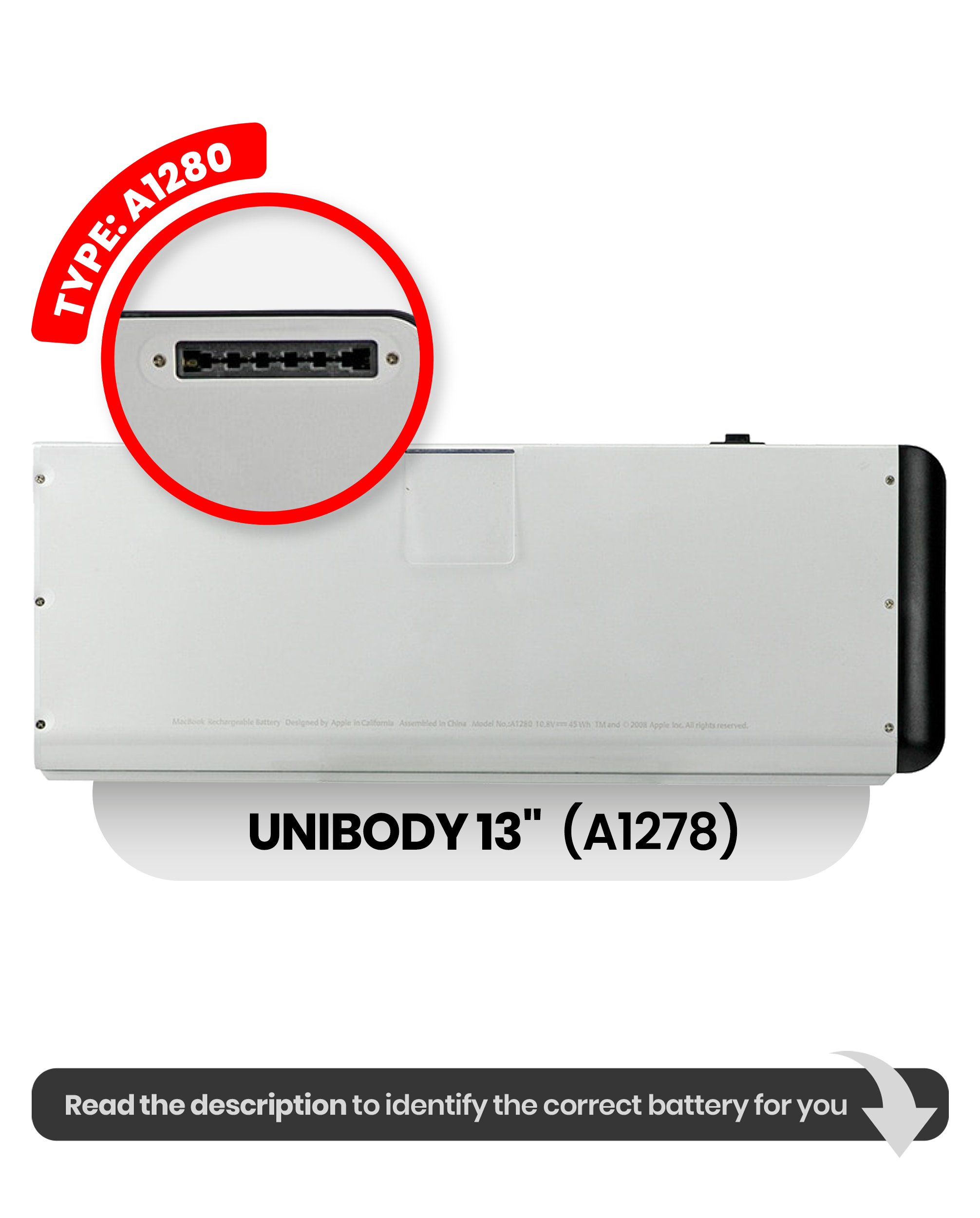Battery (A1280) Compatible For Macbook Unibody 13" (A1278 / Late 2008)