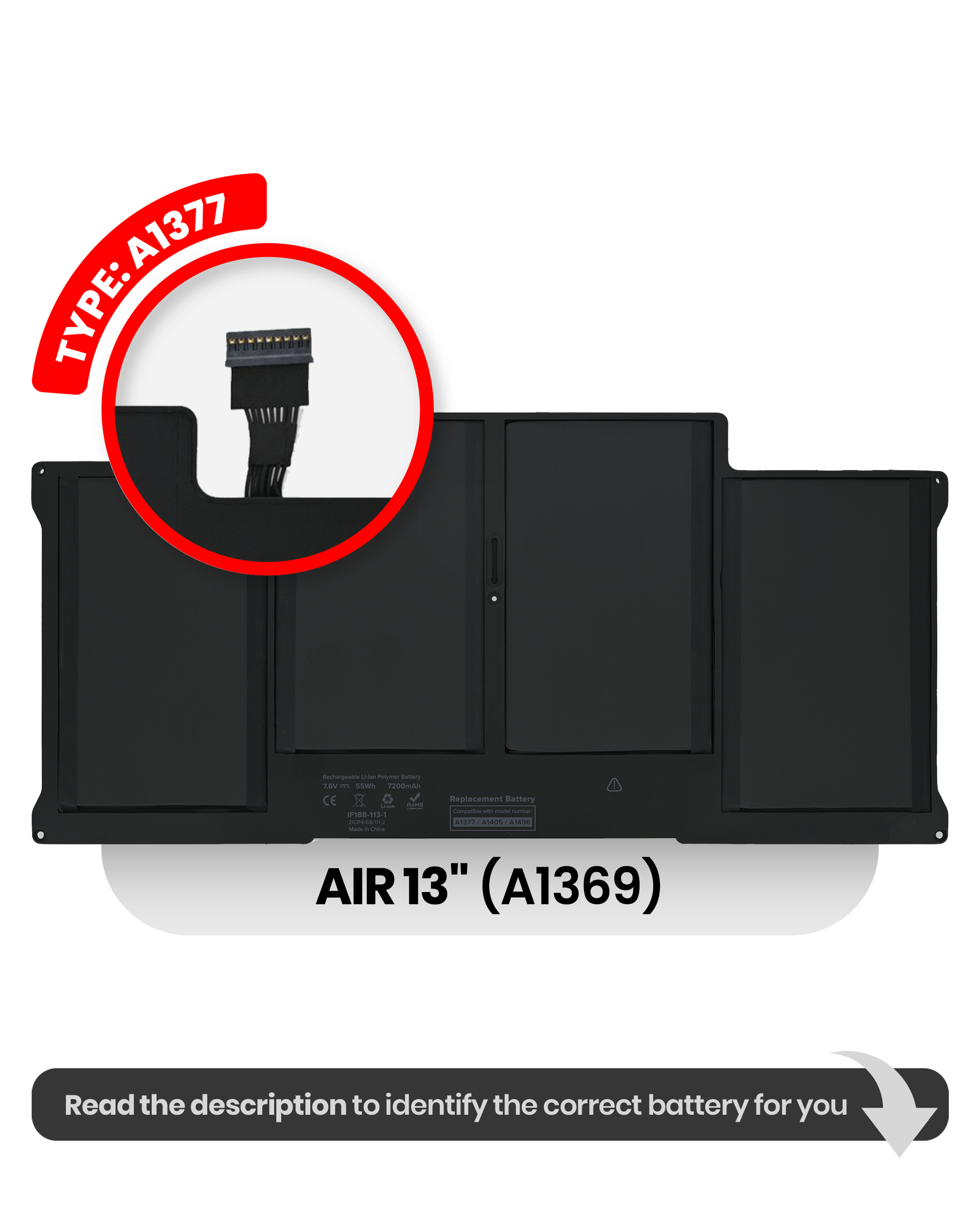 Battery (A1377) Compatible For Macbook Air 13" (A1369 Late 2010)