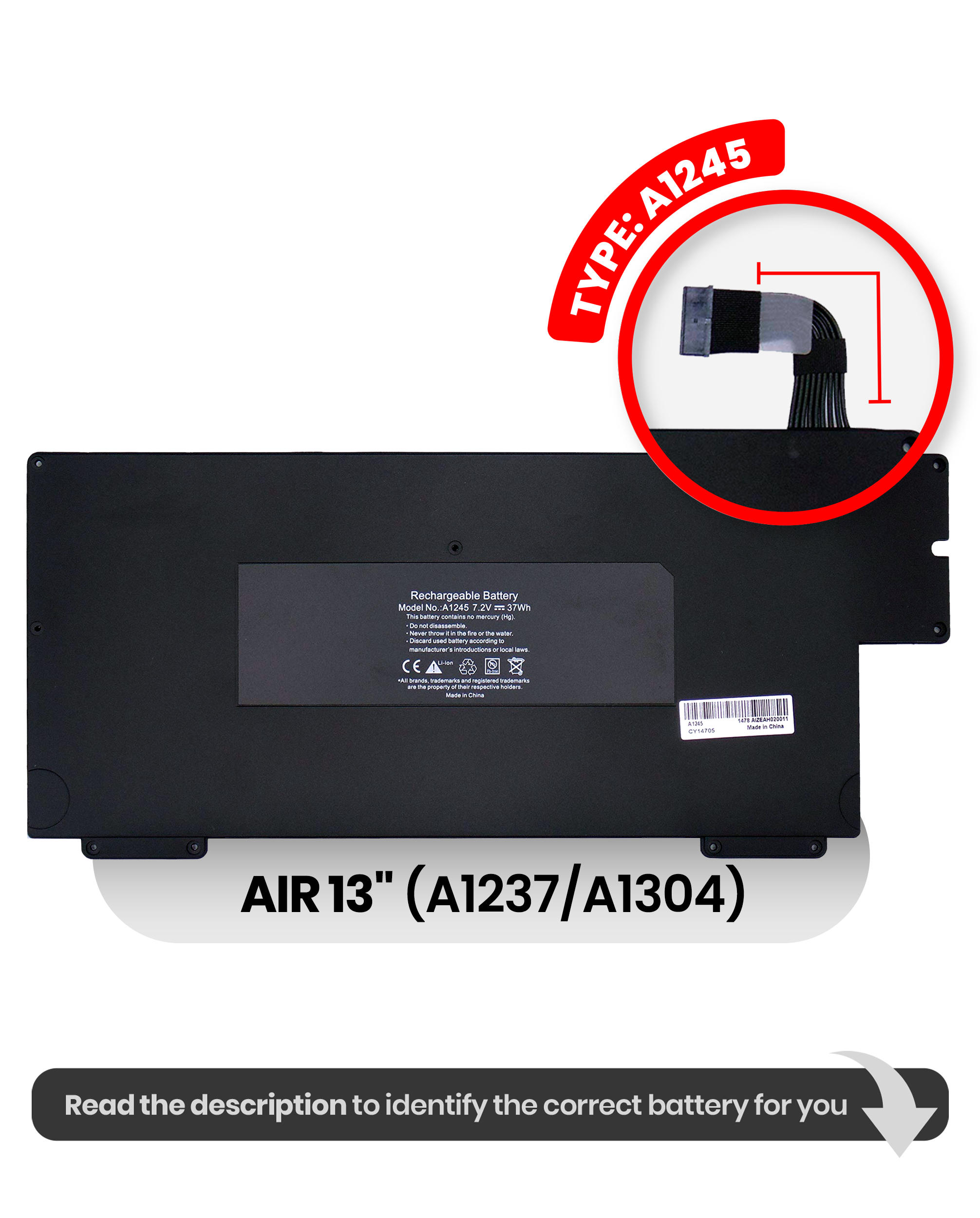 Battery (A1245) Compatible For Macbook Air 13" (A1237 / Early 2008 / A1304 / Late 2008 / Mid 2009)