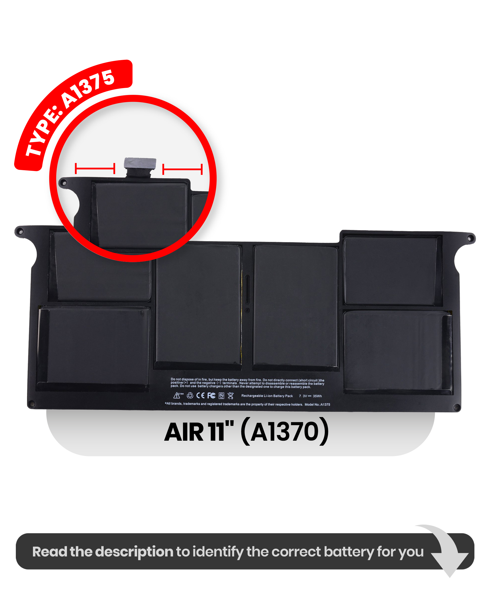 Battery (A1375) Compatible For Macbook Air 11" (A1370 / Late 2010)