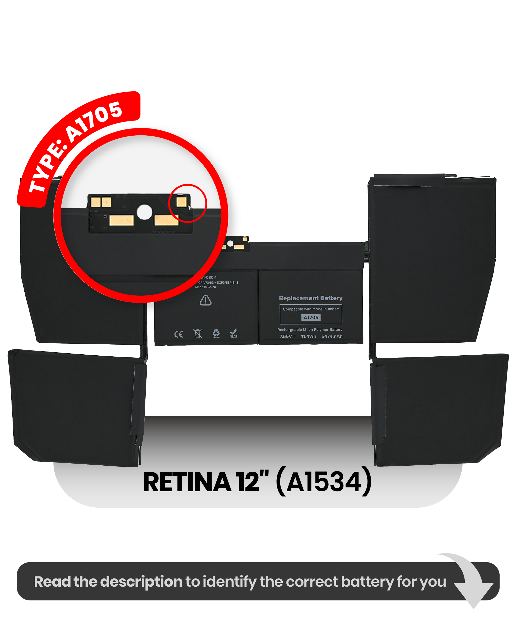 Battery (A1705) Compatible For Macbook Retina 12" (A1534 Early 2016 / Mid 2017)