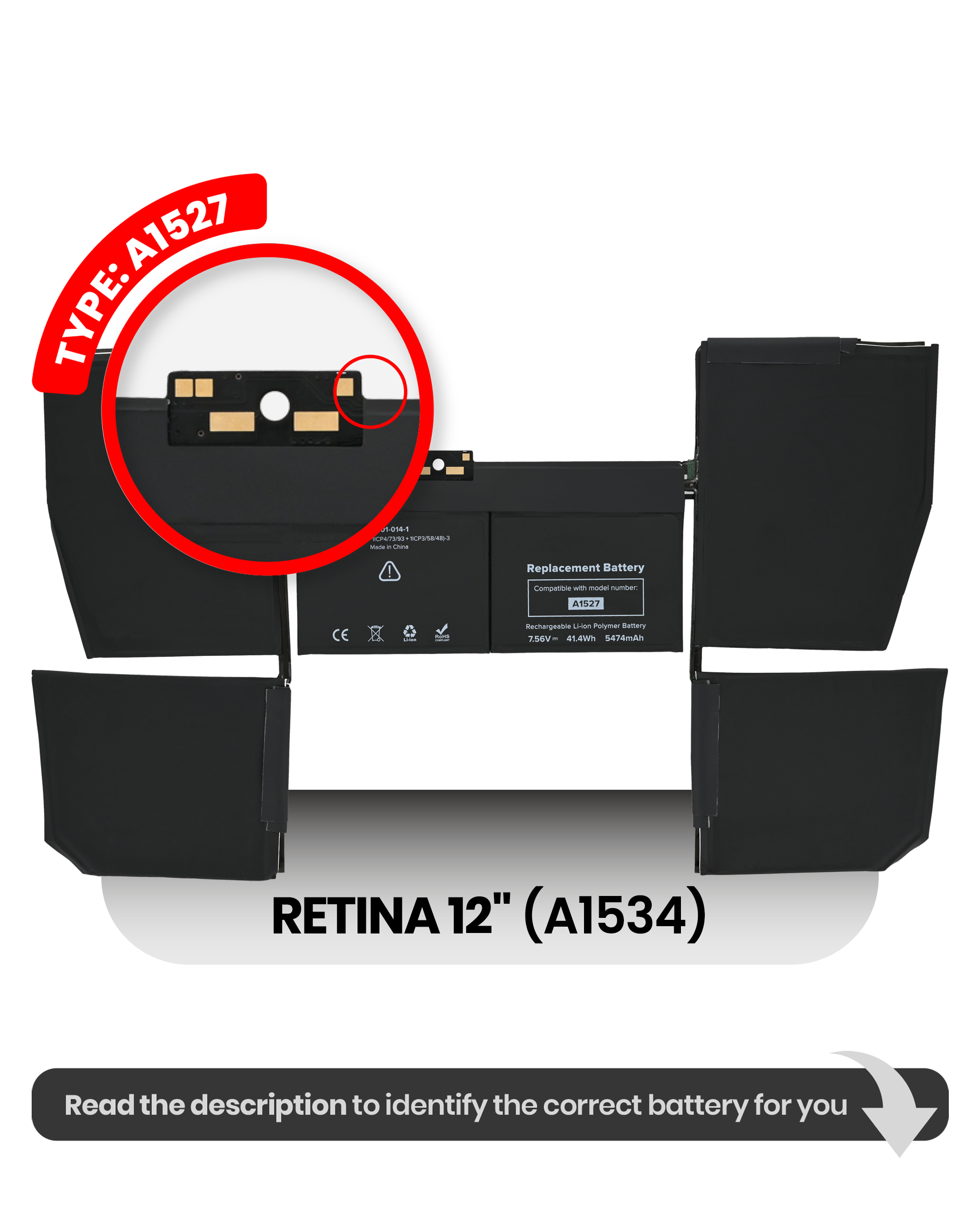 Battery (A1527) Compatible For Macbook Retina 12" (A1534 Early 2015)