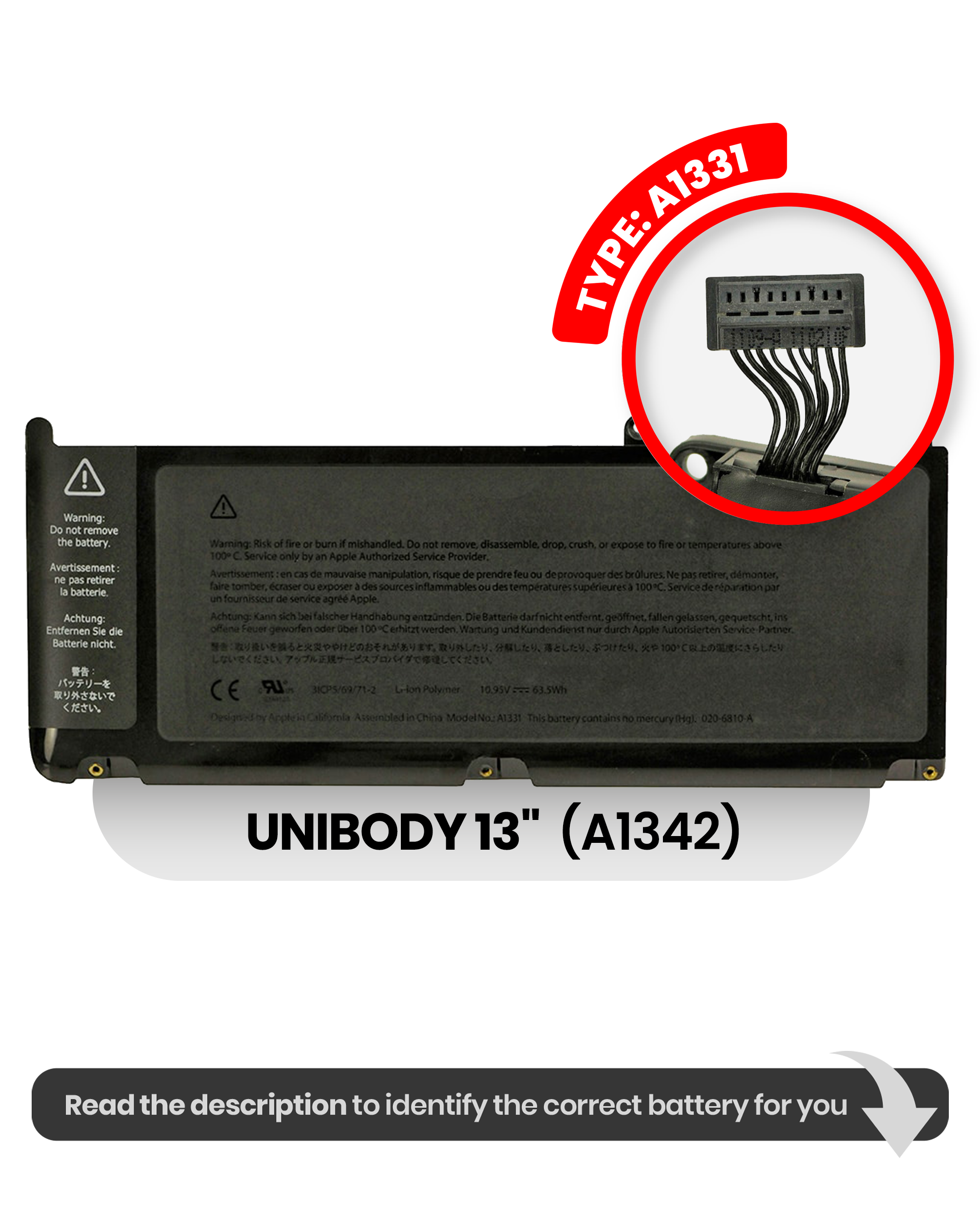Battery (A1331) Compatible For Macbook Unibody 13" (A1342 / Late 2009 / Mid 2010)