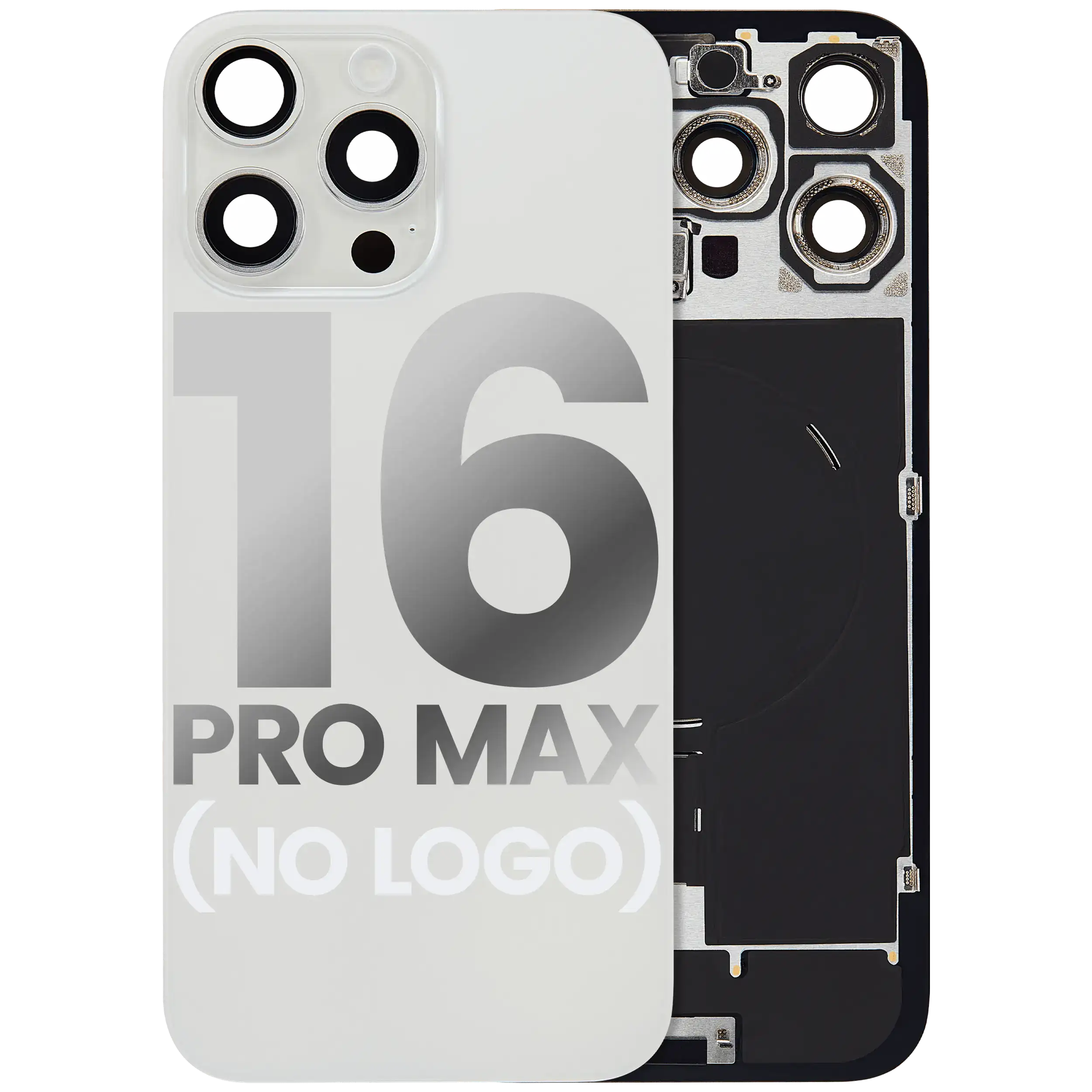 Back Glass With Steel Plate With Wireless Nfc Charging Magsafe Magnet & Flashlight Flex Compatible For Iphone 16 Pro Max (No Logo) (White Titanium)