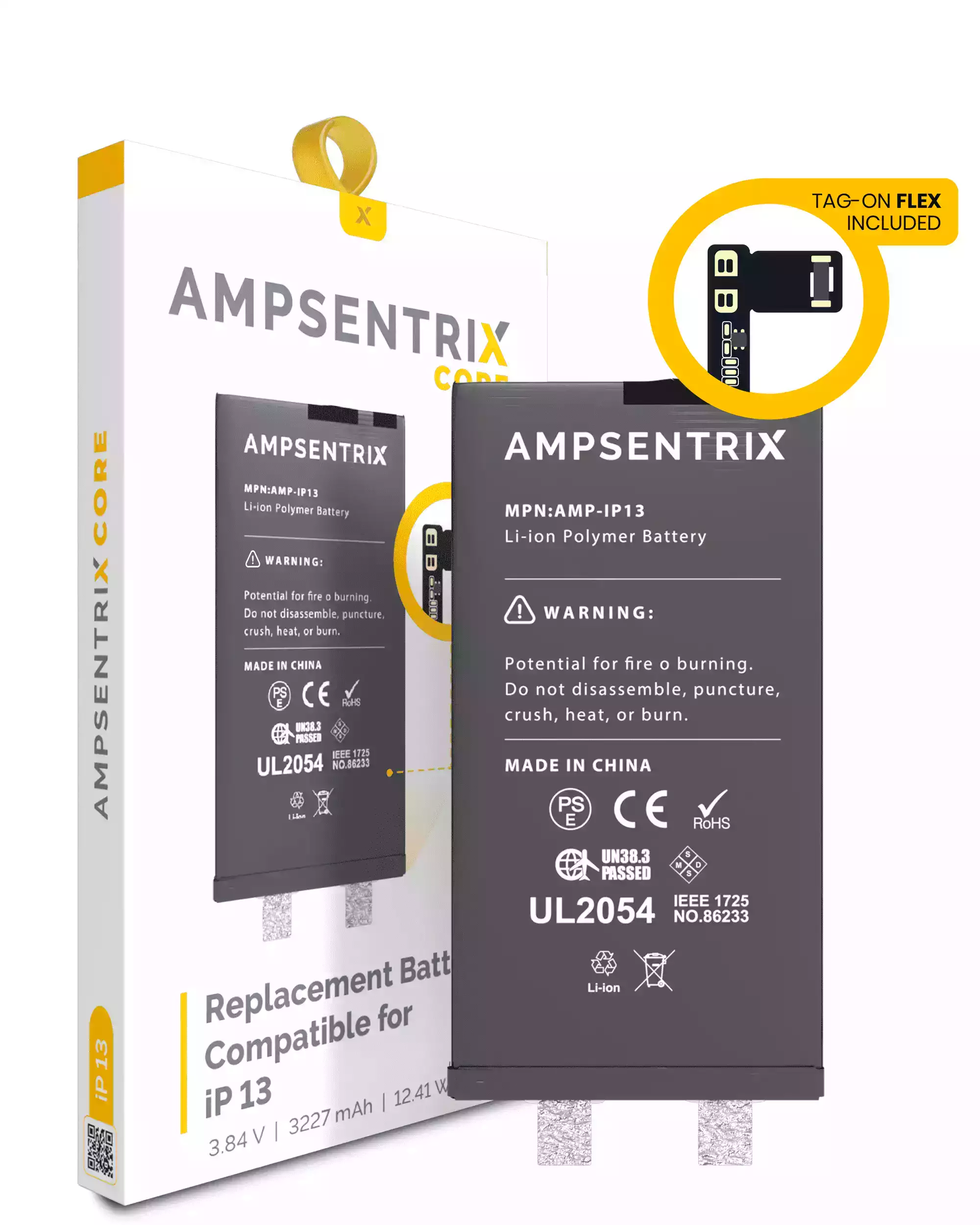 Replacement Battery Core With Universal Tag-On Flex Compatible For Iphone 13 (Spot Welding Required) (Ampsentrix Core)