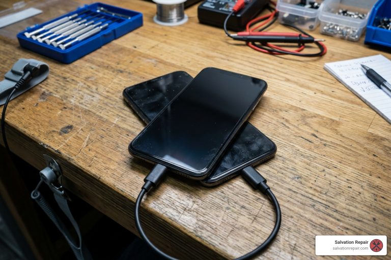 dead smartphone screen on wooden table power failure Jackson MS professional repair