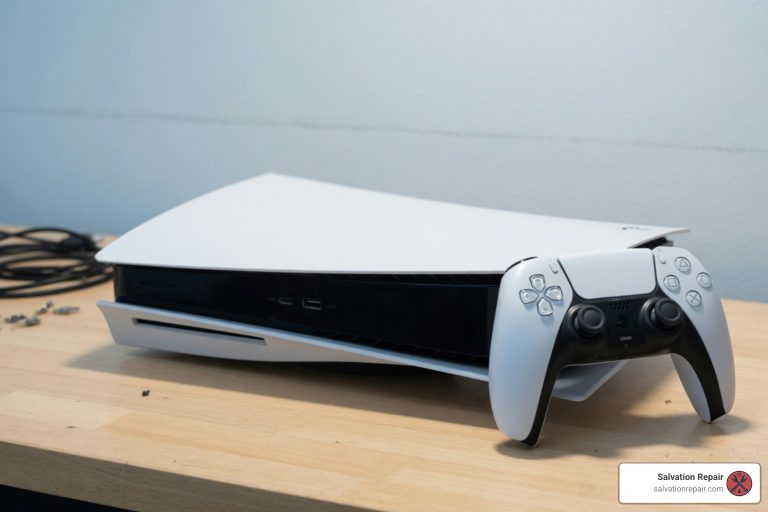 broken playstation damaged console on a table