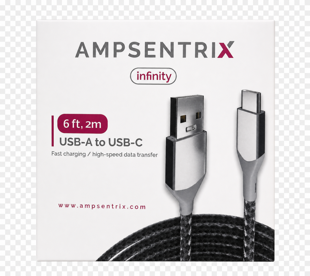 AmpSentrix USB-C to USB-A Cable – 6 ft, Silver