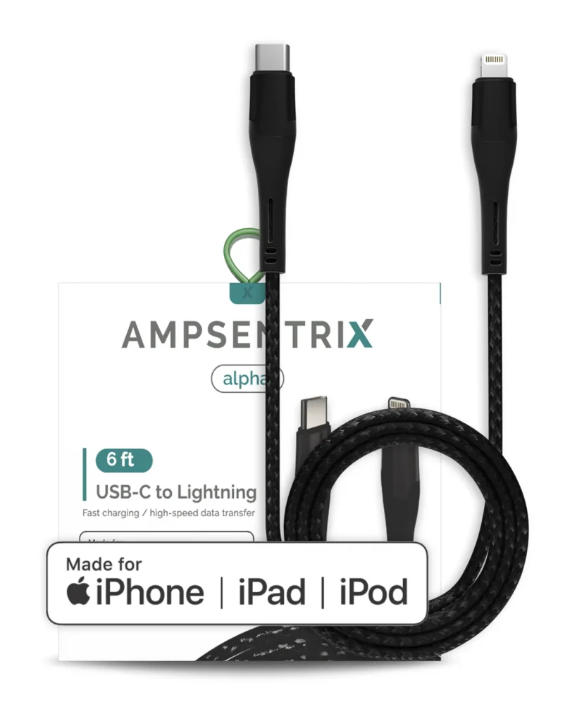 AmpSentrix Alpha MFi Lightning to USB-C Cable – 6 ft, Black