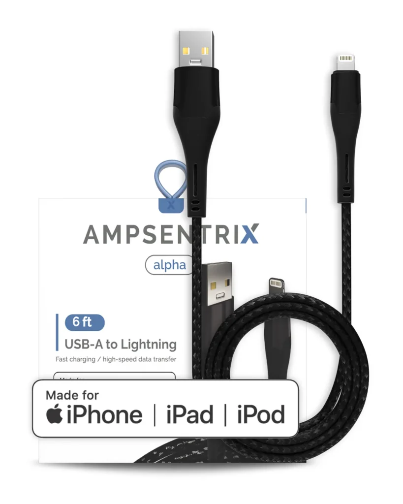 AmpSentrix Alpha MFi Lightning to USB-A Cable – 6 ft, Black