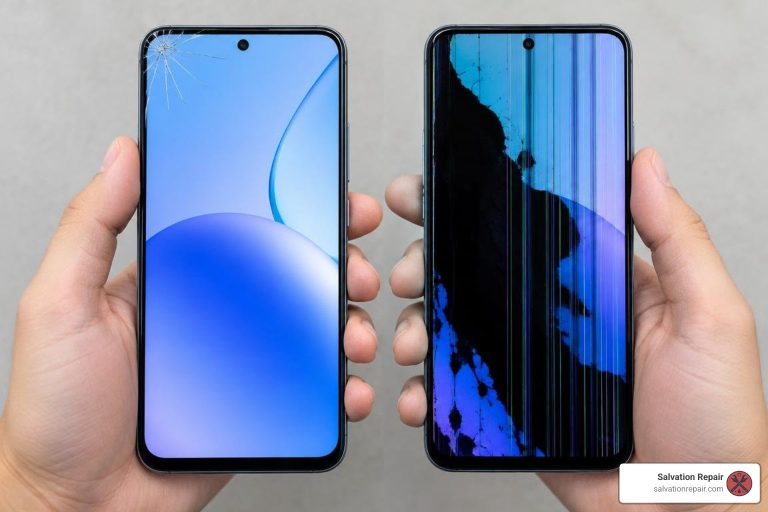 outer glass cracks compared with deep OLED ink bleed and vertical lines on Samsung display